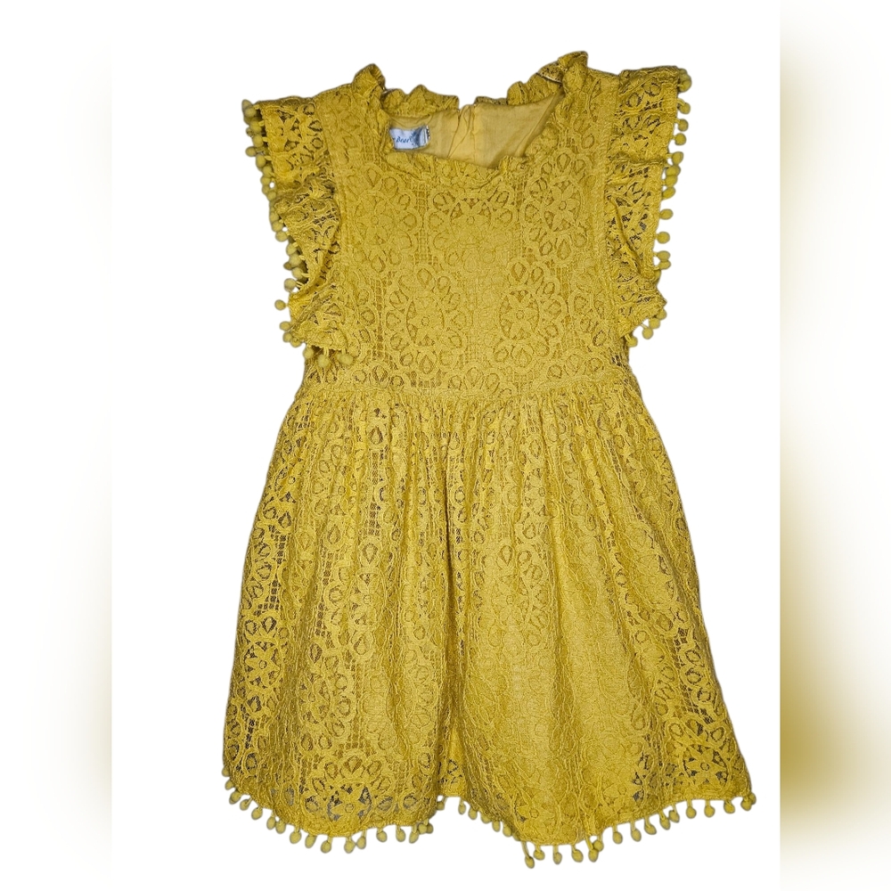 Vintage Humor Bear Lace Ruffle Dress Girls 6/7 Mustard cotton spring summer zip